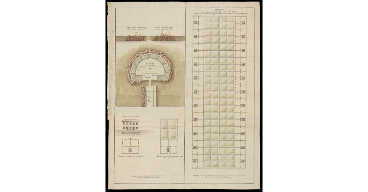 Pianta in grande della piattaforma posta alla punta del molo [di Livorno]. Pianta di uno dei quadrilonghi posti nell'isolotti contenente numero quarantaquattro case con suoi giardini