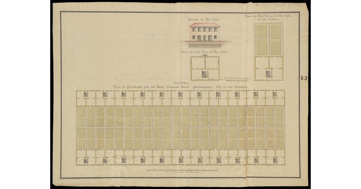 [Pianta di una parte del nuovo sobborgo del Calambrone a Livorno con pianta e facciata di un'abitazione]