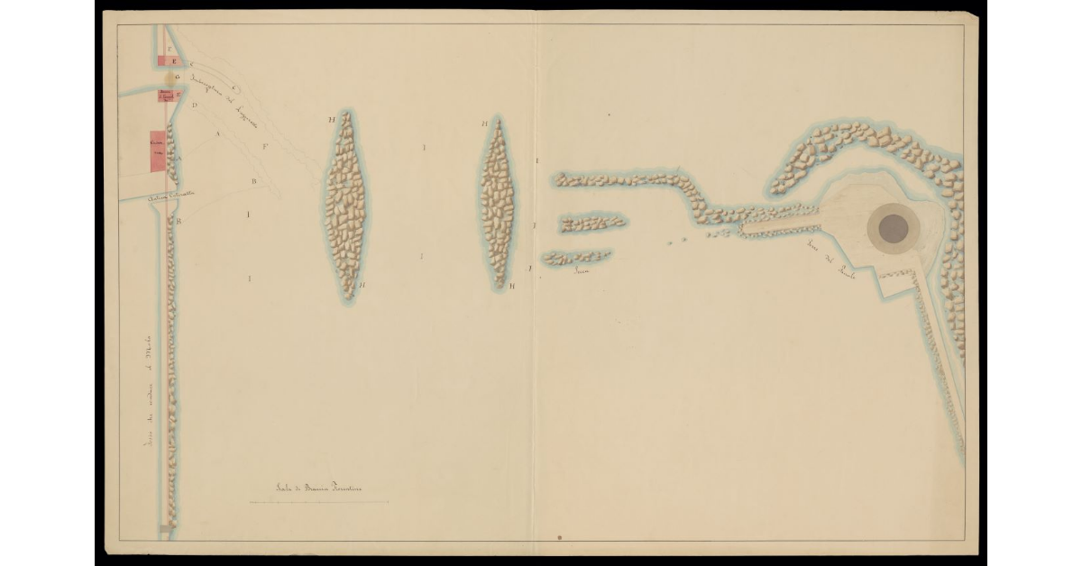 [Pianta dell'area tra il Lazzereto di S. Rocco e la Torre del Fanale a Livorno con lavori fatti alle scogliere]
