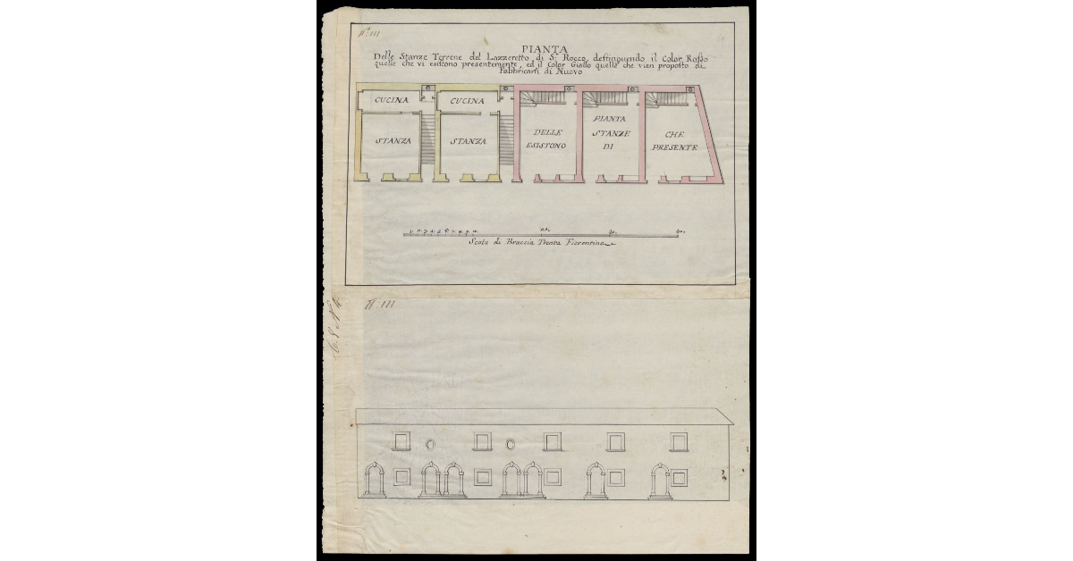 Pianta delle stanze terrene del Lazzeretto di S. Rocco [con progetto di lavori da fare]