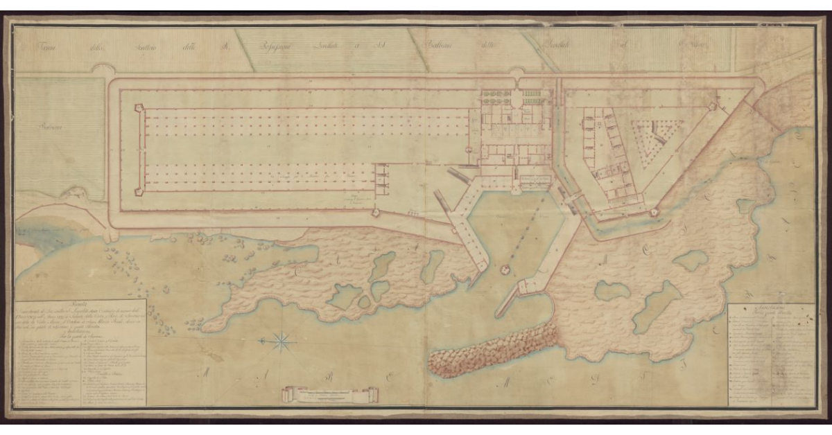 Pianta dimostrante il Lazzeretto di S. Leopoldo stato costruito di nuovo dall'anno 1769 all'anno 1779 a Levante della Città e Porto di Livorno nel sito detto la Cala Mosca di ordine di Sua Altezza Reale, diviso in due cioè, in parte di Sciorino e parte Brutta