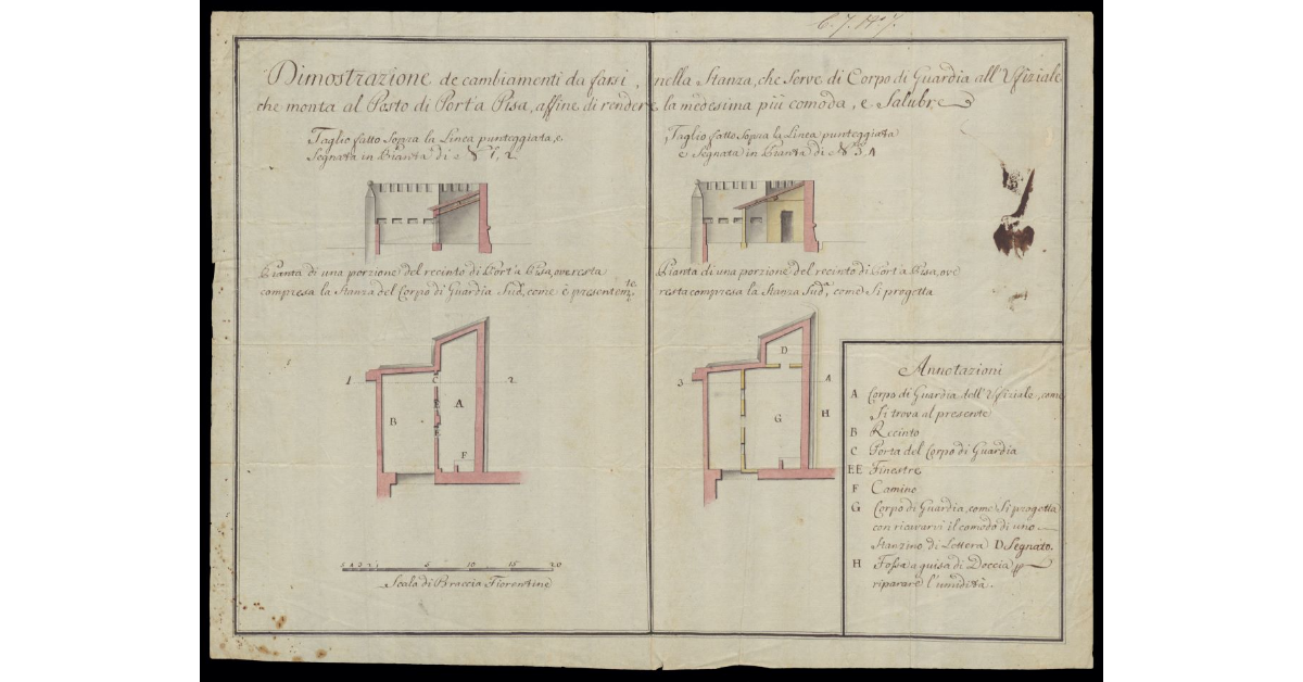 Dimostrazione de' cambiamenti da farsi nella stanza che serve di corpo di guardia all'Ufiziale che monta al posto di Porta a Pisa alfine di rendere la medesima più comoda e salubre
