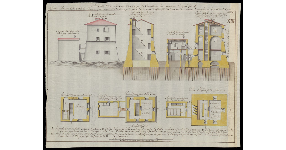 Progetto d'una torre con casetta per la Cavalleria da costruirsi lungo il littorale che resta a Ponente della Città di Livorno, compreso fra il Calambrone e la Fossa che serve di confine fra lo Stato di Sua Maestà Imperiale e la Repubblica di Lucca. Tav. N. II