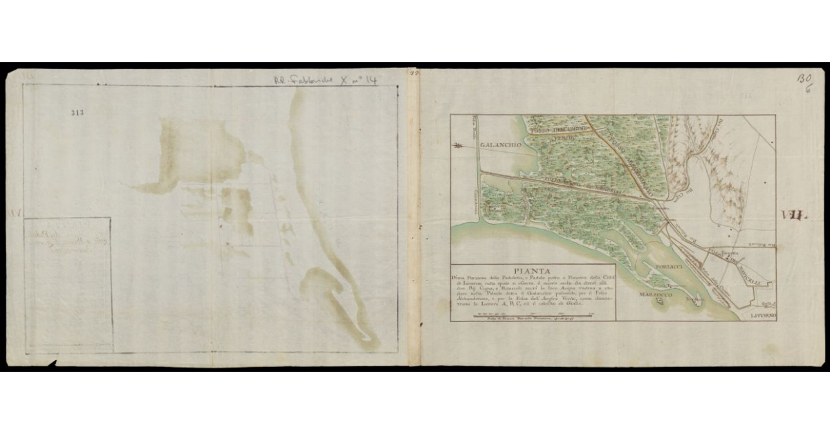 Pianta d'una porzione della Paduletta, e Padule posto a Ponente della Città di Livorno nella quale si osserva il nuovo scolo da darsi alli due Rij Cigna e Riseccoli acciò le loro acque vadino a cadere nella Palude detta Galanchio