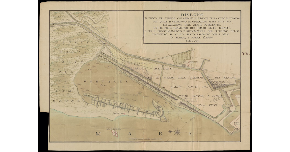 Disegno in pianta dei terreni che restano a Ponente della Città di Livorno nel quale si osservano le operazioni state fatte per l'escavazione dell'alighe putrefatte, per il prolungamento del Fosso delle Chiatte, e per il prolungamento e ricolmatura dello Stagnetto