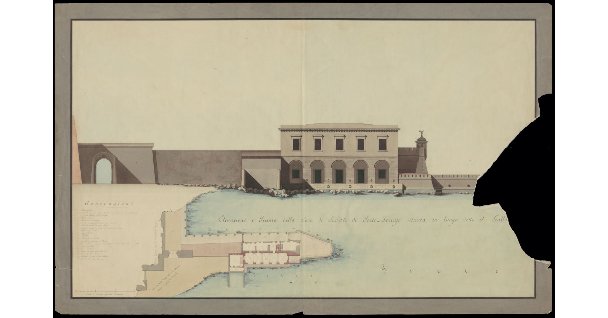 Elevazione e pianta della Casa di Sanità di Porto-Ferrajo situata in luogo detto il Gallo