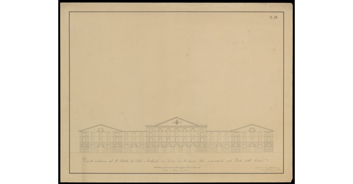 Prospetto anteriore del Regio Stabile dei Sali e Tabacchi in Lucca con la nuova ala rispondente sul Prato delle Corse