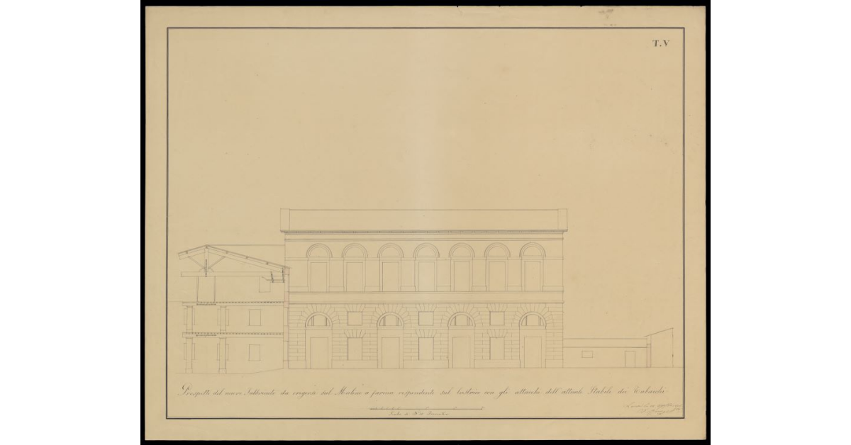 Prospetto del nuovo fabbricato da erigersi sul Mulino a farina rispondente sul lastrico con gli attacchi dell'attuale stabile dei Tabacchi