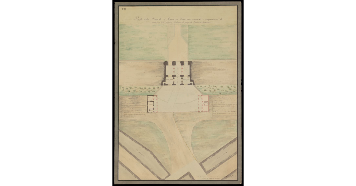 Pianta della Porta di S. Maria in Lucca con varianti comprendenti la riduzione dell'Uffizio Daziario [e] la proposta Barriera Caserma