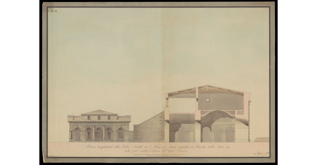 Sezione longitudinale della Porta e Castello di S. Maria in Lucca segnata in pianta sulla linea AB dalla quale resulta l'infaccia dell'Uffizio Daziario