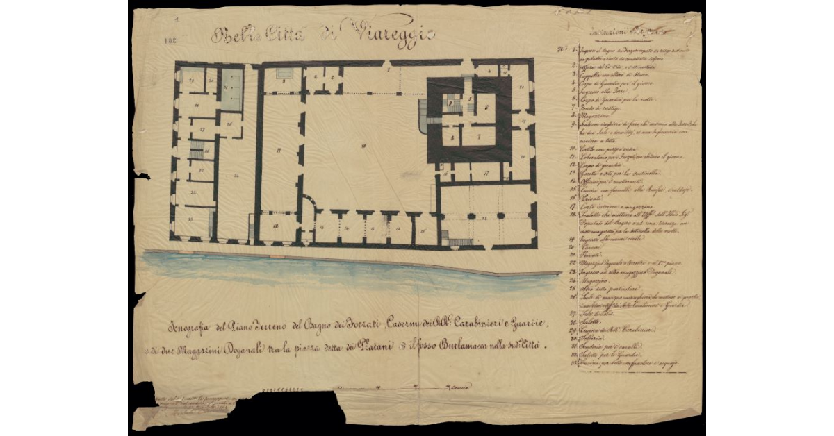 Icnografia del piano terreno del Bagno dei Forzati, Caserma dei RR. Carabinieri e Guardie, e di due Magazzini Doganali tra la Piazza detta dei Platani ed il Fosso Burlamacca [nella Città di Viareggio]