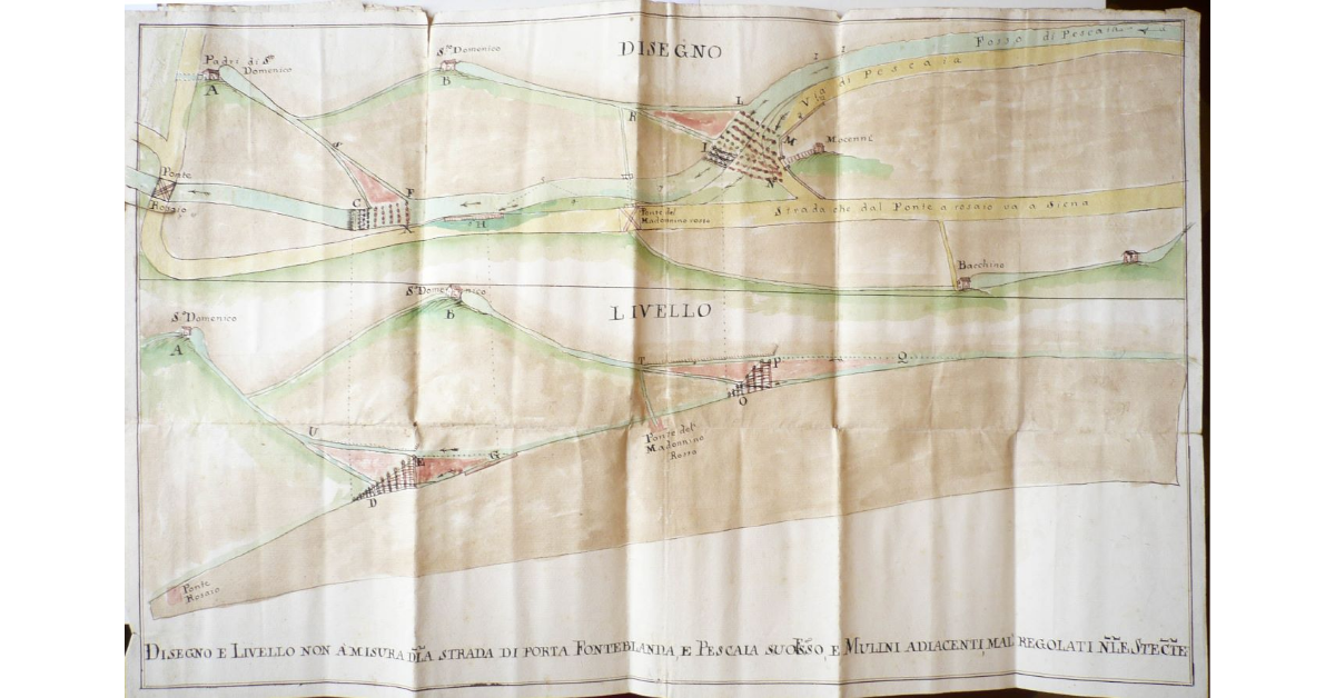 Disegno e Livello non a misura della strada di porta Fonteblanda, e Pescaia suo fosso, e Mulini adiacenti, mal' regolati nelle steccate
