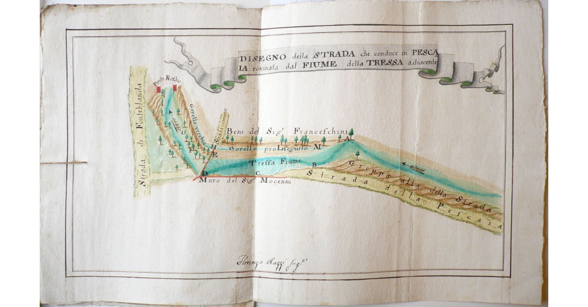Disegno della strada che [da Siena] conduce in Pescaia rovinata dal Fiume della Tressa adiacente