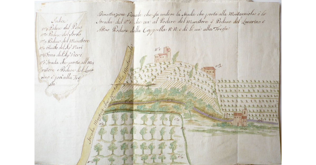 Dimostrazione Visuale che fa vedere la strada che porta alla Montanniola e la Strada del n. 6 che va al Podere del Muratore e Podere del Lucarino e Altro Podere della Cappella N. N. e di lì va alla Tressa