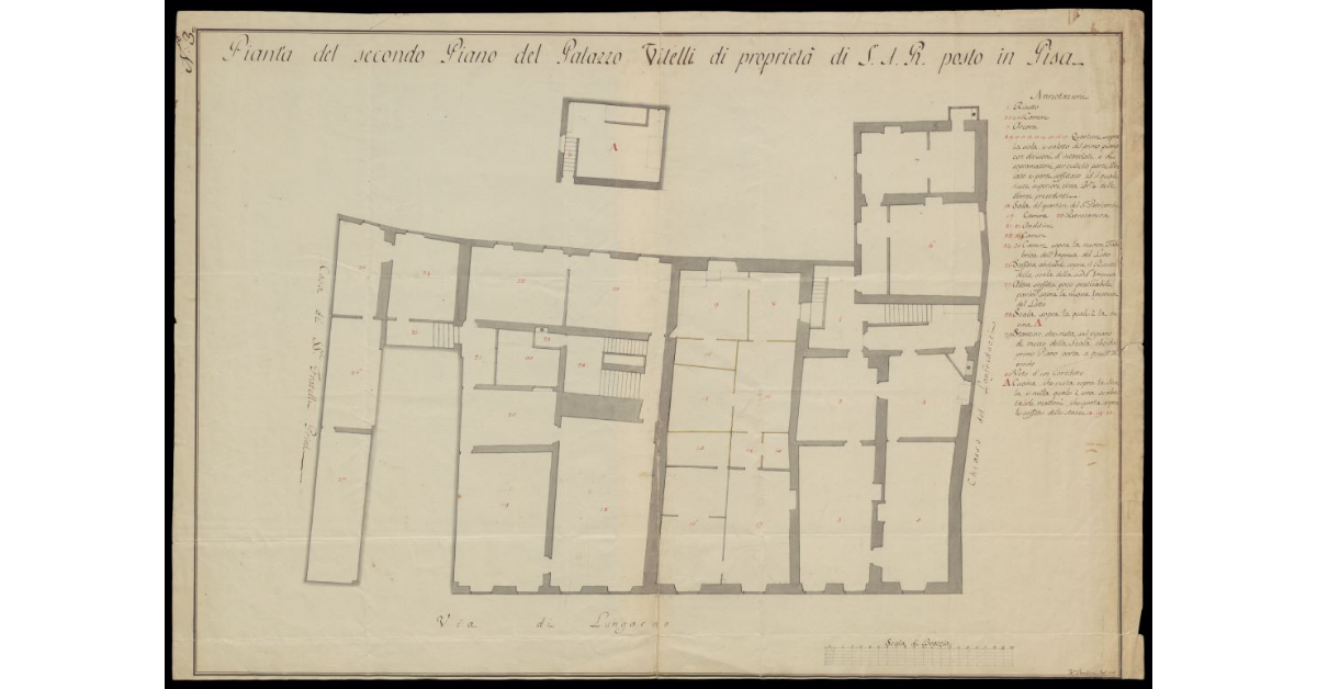Pianta del secondo piano del Palazzo Vitelli di proprietà di S.A.R. posto in Pisa