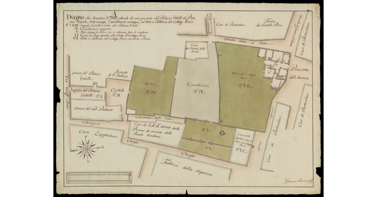 Disegno che dimostra lo stato attuale di una porzione del Palazzo Vitelli di Pisa, suo cortile, orto annesso, cavallerizza contigua, ed orto e fabbrica del Collegio Ricci