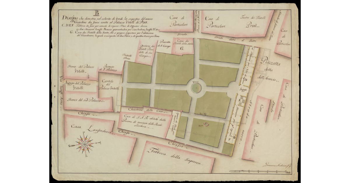 Disegno che dimostra nel colorito di verde la superficie del nuovo Giardino da farsi unito al Palazzo Vitelli di Pisa