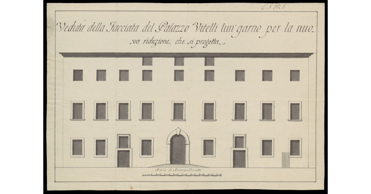 Veduta della nuova facciata del Palazzo Vitelli lung'Arno per la nuova riduzione che si progetta