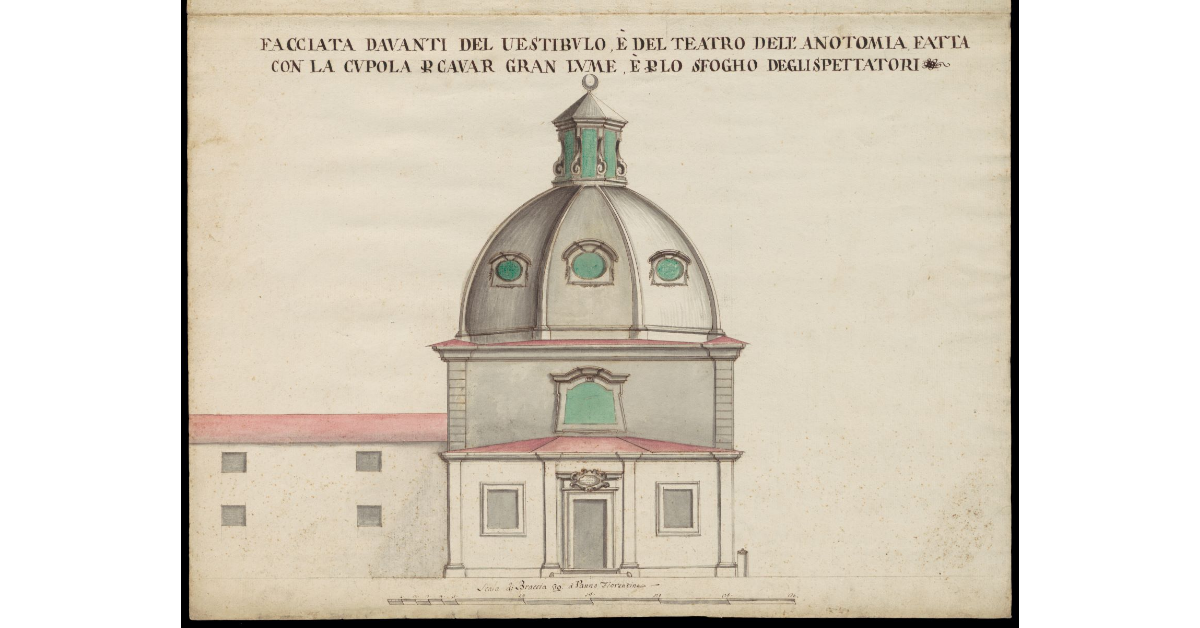 Facciata davanti del vestibulo e del Teatro dell'Anotomia [della Sapienza di Pisa] fatta con la cupola per cavar gran lume e per lo sfogho degli spettatori