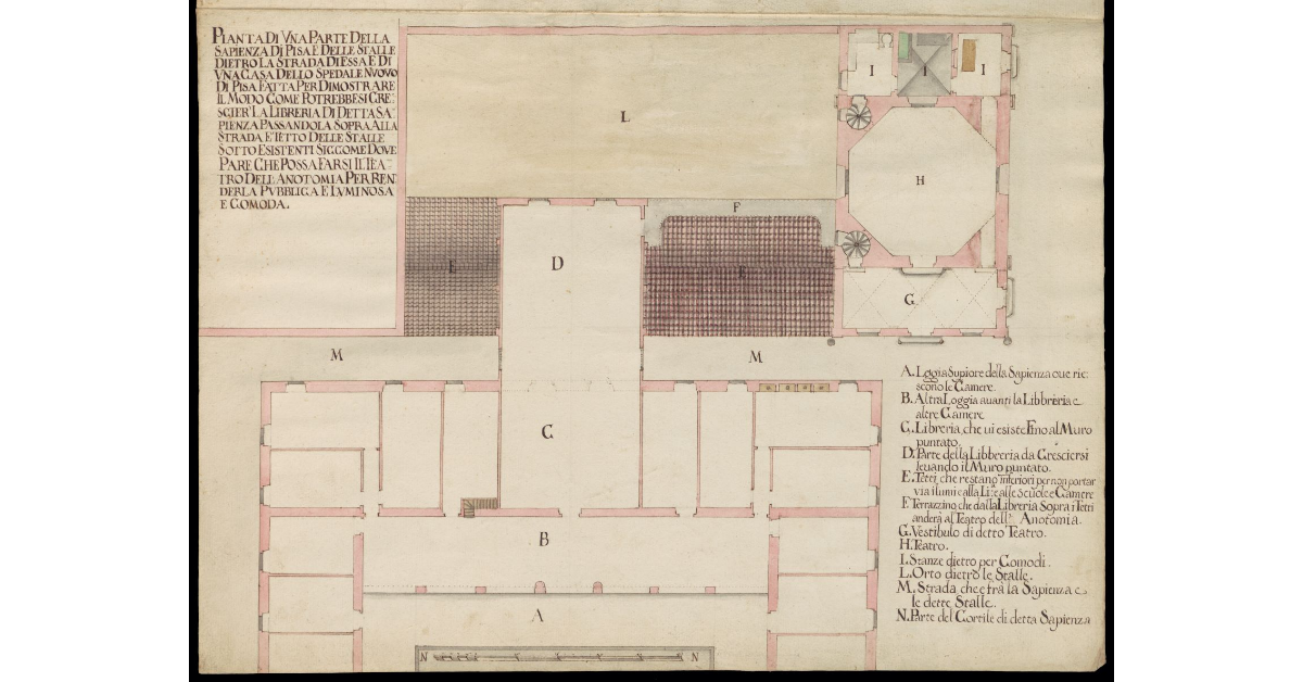 Pianta di una parte della Sapienza di Pisa e delle stalle dietro la strada di essa