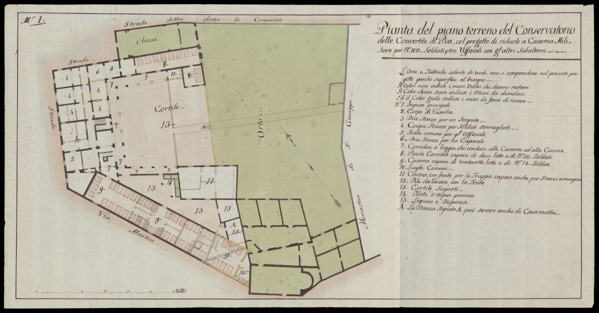 Pianta del piano terreno del Conservatorio delle Convertite di Pisa col progetto di ridurlo a Caserma militare
