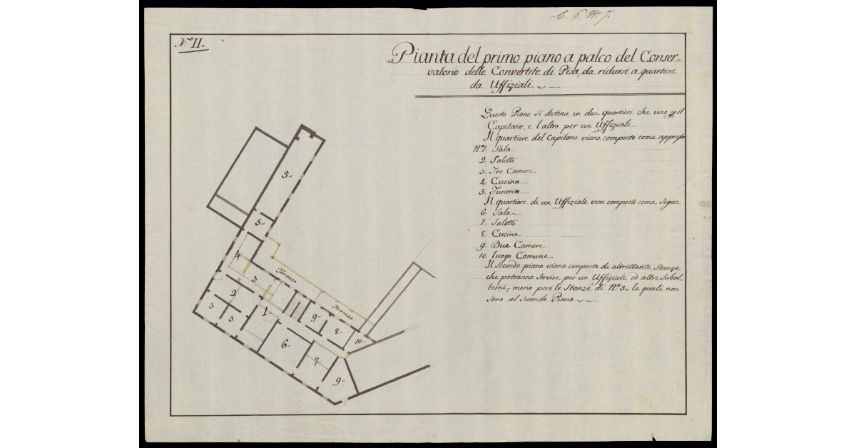 Pianta del primo piano a palco del Conservatorio delle Convertite di Pisa da ridursi a quartieri da Uffiziali
