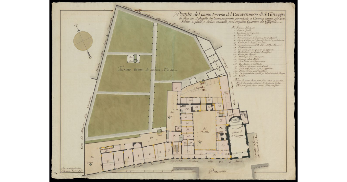 Pianta del piano terreno del Conservatorio di S. Giuseppe di Pisa con il progetto dei lavori occorrenti per ridurlo a Caserma