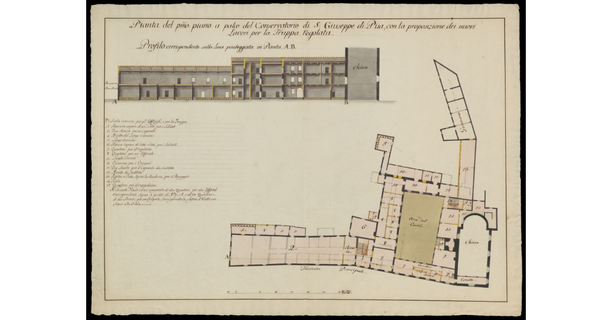 Pianta del primo piano a palco del Conservatorio di S. Giuseppe di Pisa con la proposizione dei nuovi lavori per la truppa regolata