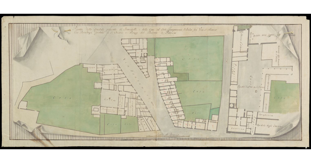 Pianta dello Spedale presente de' Trovatelli e delle case ed orti componenti l'Isola fra Via S. Maria, Via Porta Bozzi, Spedale di S. Chiara, e Piazza del Duomo di Pisa
