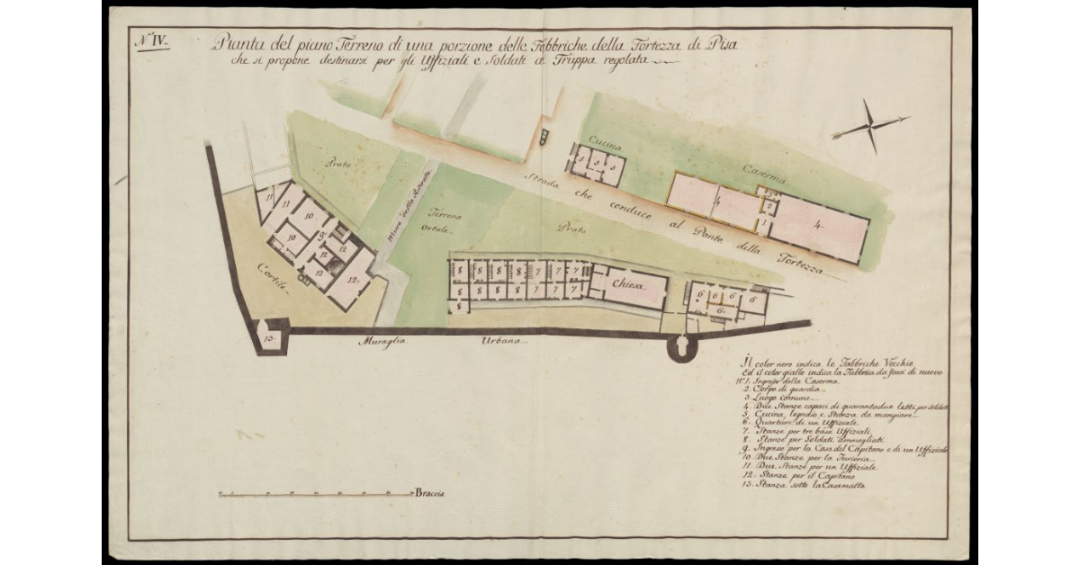 Pianta del piano terreno di una porzione delle Fabbriche della Fortezza di Pisa che si propone di destinarsi per gli Uffiziali e soldati di truppa regolata