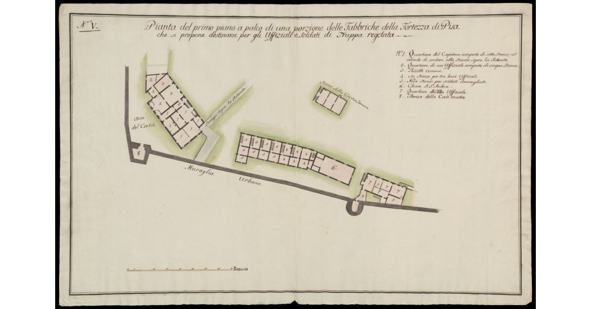 Pianta del primo piano a palco di una porzione delle Fabbriche della Fortezza di Pisa che si propone di destinarsi per gli Uffiziali e soldati di truppa regolata