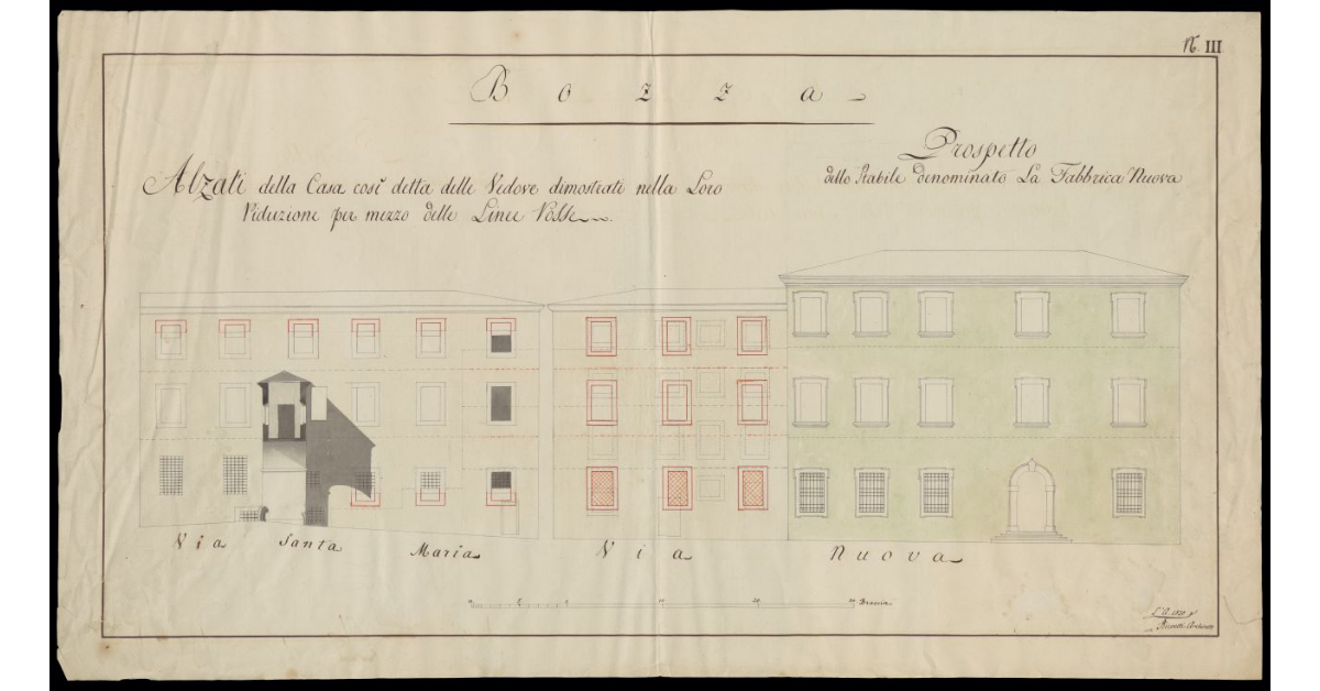 Bozza. Alzati della casa così detta delle Vedove [e] Prospetto dello stabile denominato la Fabbrica Nuova