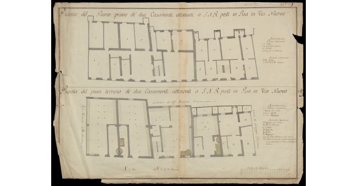 Pianta del piano primo [e del piano terreno] de' due casamenti attenenti a S.A.R. posti in Pisa in Via Nuova