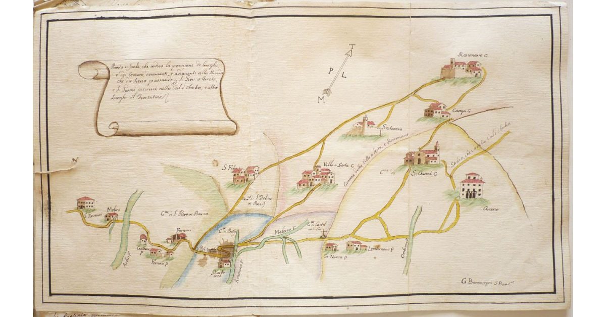 Pianta visuale, che indica la posizione de luoghi, e dei Comuni dominanti, e adiacenti alla Strada che da Siena passando per San Giovanni a Cerreto, e San Gusmè conduce nella Val d'Ambra, e altri Luoghi del Fiorentino