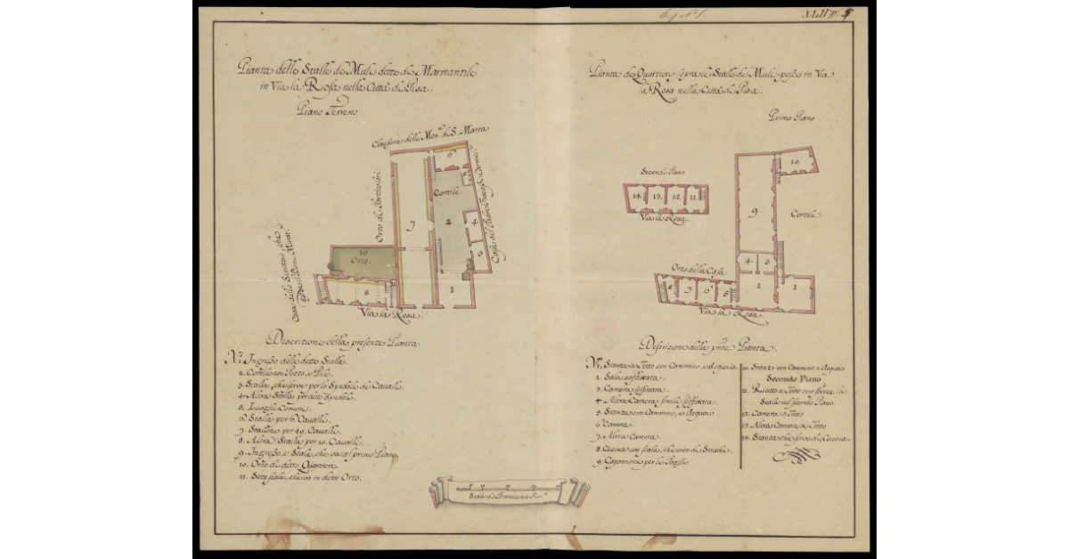Pianta delle stalle de' muli in Via La Rosa nella Città di Pisa. Pianta de' quartieri sopra le stalle de' muli poste in Via La Rosa nella Città di Pisa
