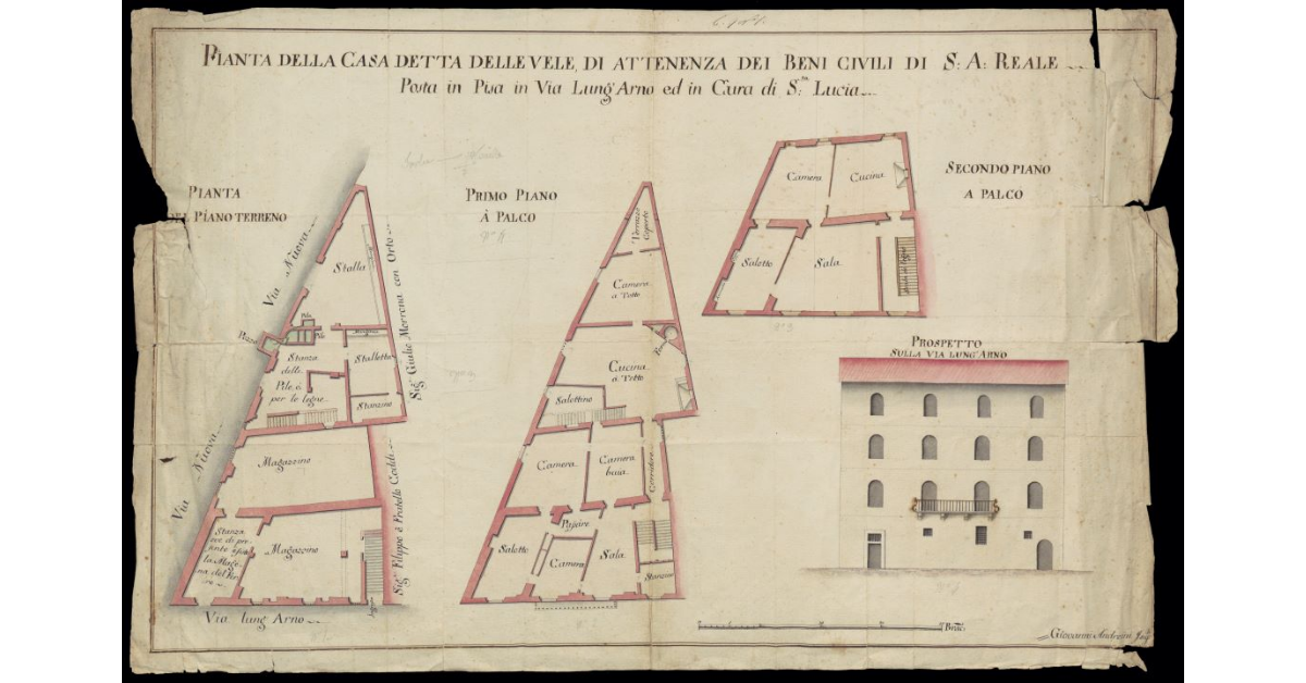 Pianta della Casa detta delle Vele, di attenenza dei beni civili di S.A. Reale posto in Via Lung'Arno ed in Cura di S. Lucia [a Pisa]