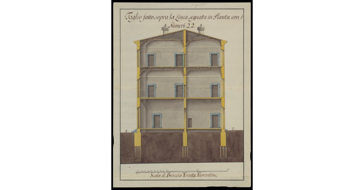 Taglio fatto sopra la linea segnata in pianta con i numeri 2,2 [di un edificio in Pisa]