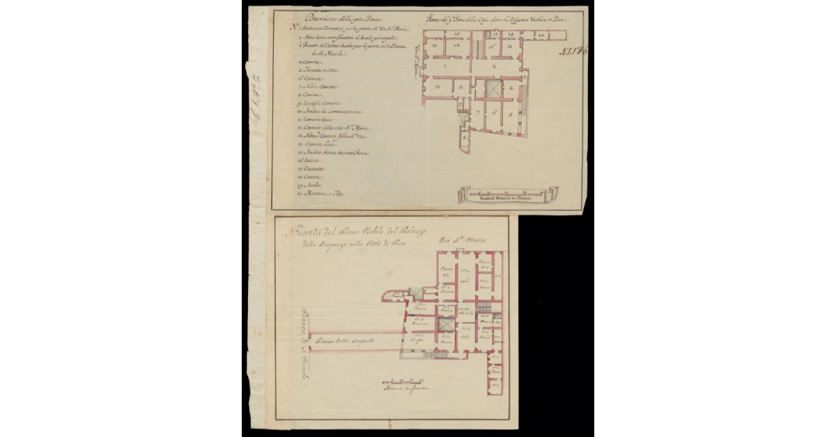 Pianta del primo piano [e del piano nobile] della casa detta La Dispensa Vecchia in Pisa