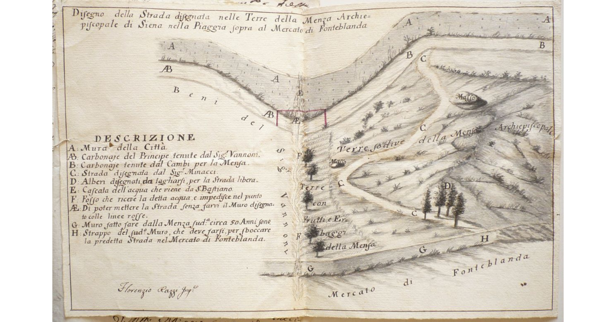 Disegno della Strada disegnata nelle Terre della Menza Archiepiscopale di Siena nella Piaggia sopra al Mercato di Fonteblanda [a Siena]