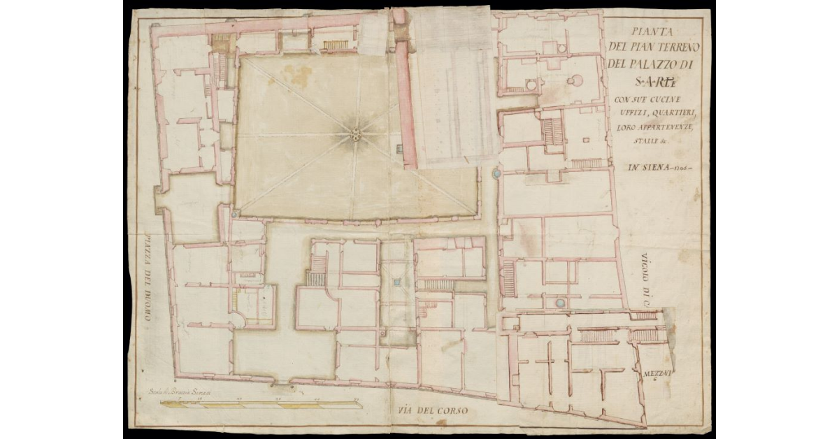 Pianta del pian terreno del Palazzo di S.A.R., con sue cucine, uffizi, quartieri, loro appartenenze, stalle, ecc. in Siena