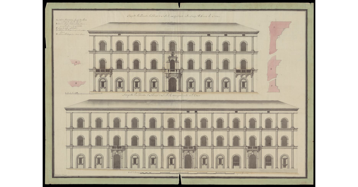 Prospetto della facciata del Palazzo di S.A.R. corrispondente nella Piazza del Duomo di Siena [e nel Corso]