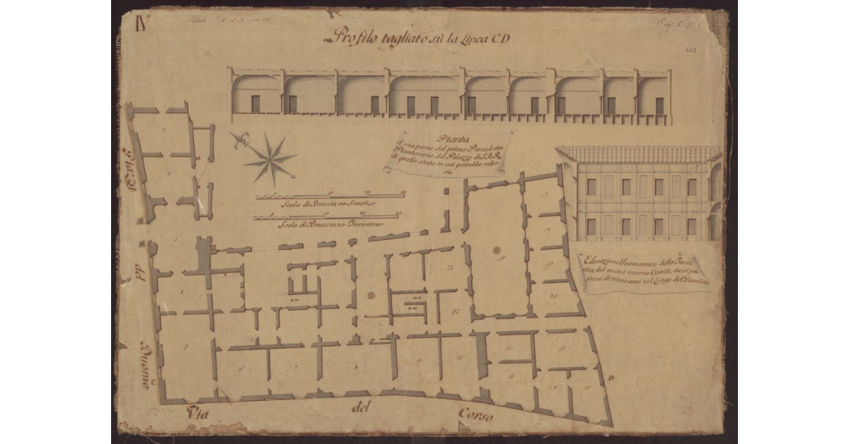 Pianta d'una parte del primo piano o sia pianterreno del Palazzo di S.A.R. [in Siena] di quello stato in cui potrebbe ridursi