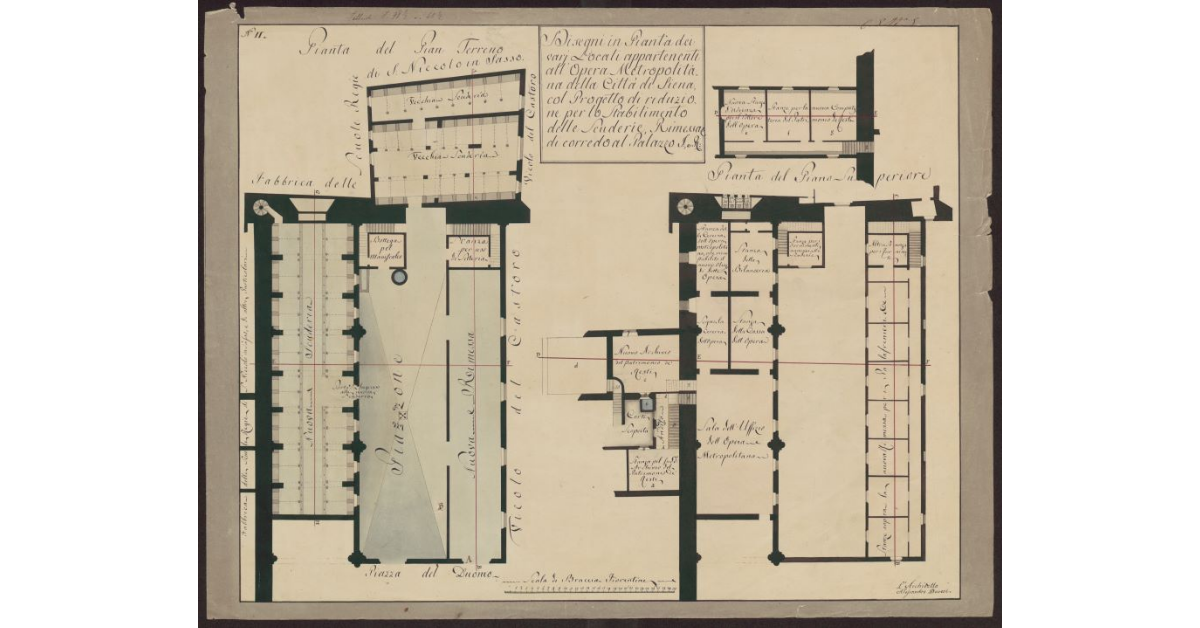 Disegni in pianta dei vari locali appartenenti all'Opera Metropolitana della Città di Siena, col progetto di riduzione per lo stabilimento delle Scuderie, rimessa di corredo al Palazzo I. e R