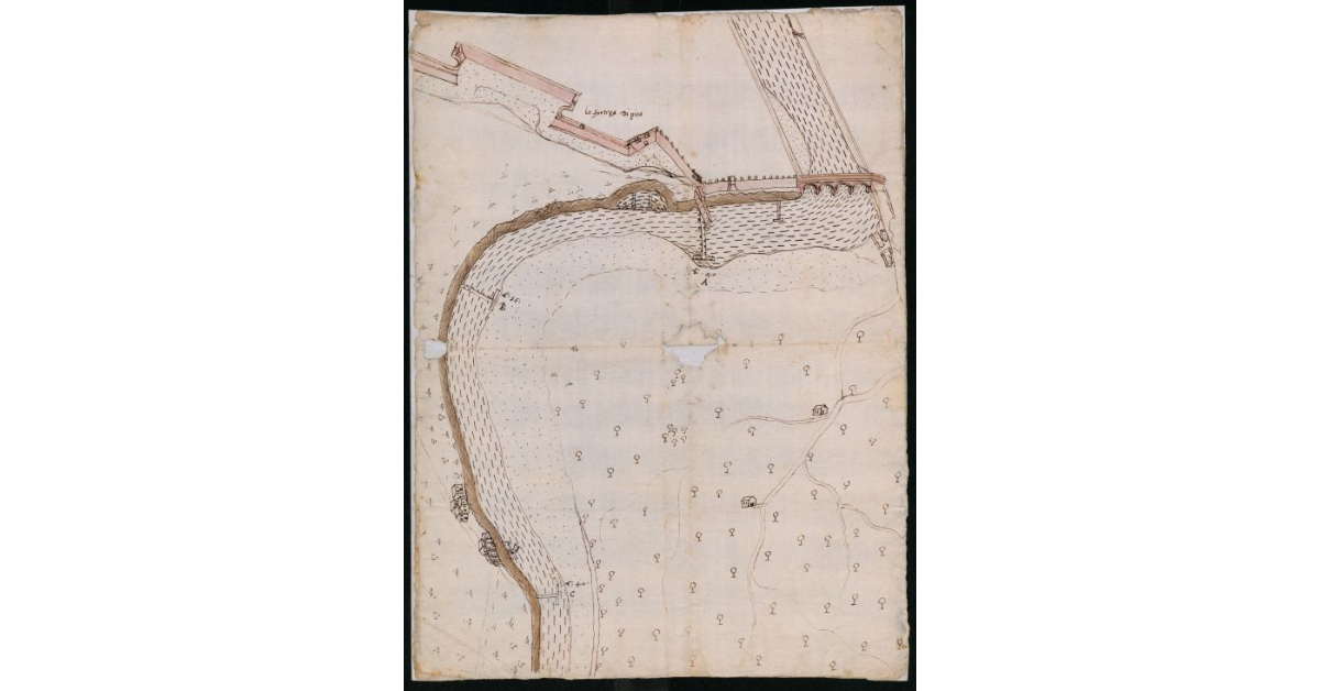 [Pianta di parte della fortezza di Pisa con il ponte e il fiume Arno]