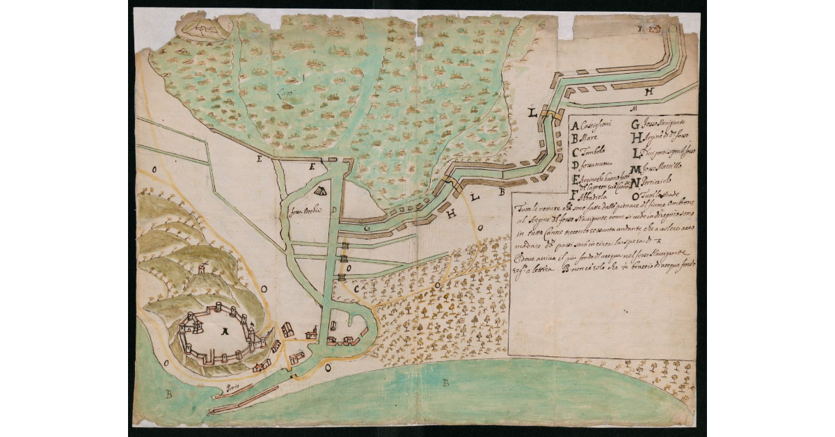 [Pianta di Castiglione della Pescaia con il padule e il Fosso Navigante per Grosseto, con le rotture qui prodotte dalle piene d'Ombrone]