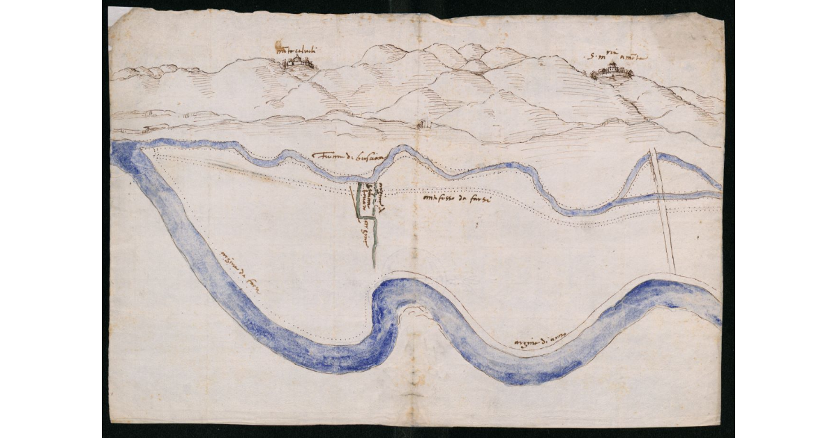 [Pianta con progetto di un nuovo fosso e di argini da farsi tra i fiumi Arno e Usciana a valle di S. Maria a Monte e Montecalvoli]