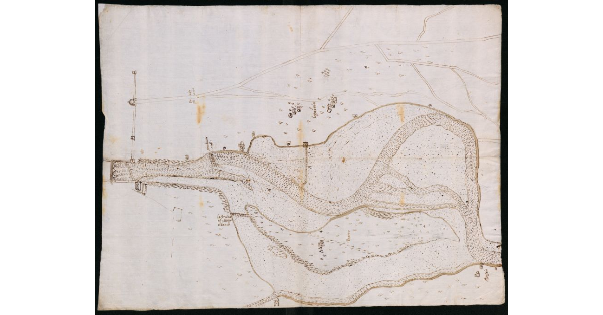 [Pianta di un tratto del fiume Arno tra la Porta San Frediano di Firenze tra la confluenza del Mugnone e Petriolo a destra e Legnaia a sinistra]