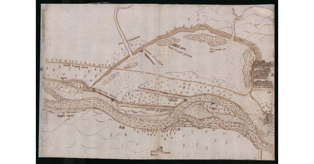 [Pianta di un tratto delle ramificazioni del fiume Arno presso Montevarchi, con i lavori della canalizzazione]