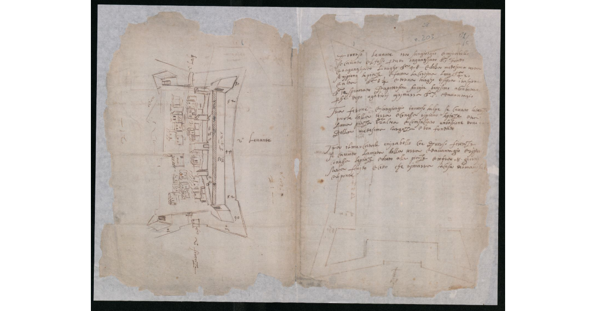 [Pianta del castello di Scarperia con lavori fatti al fosso circondario e alle cortine]