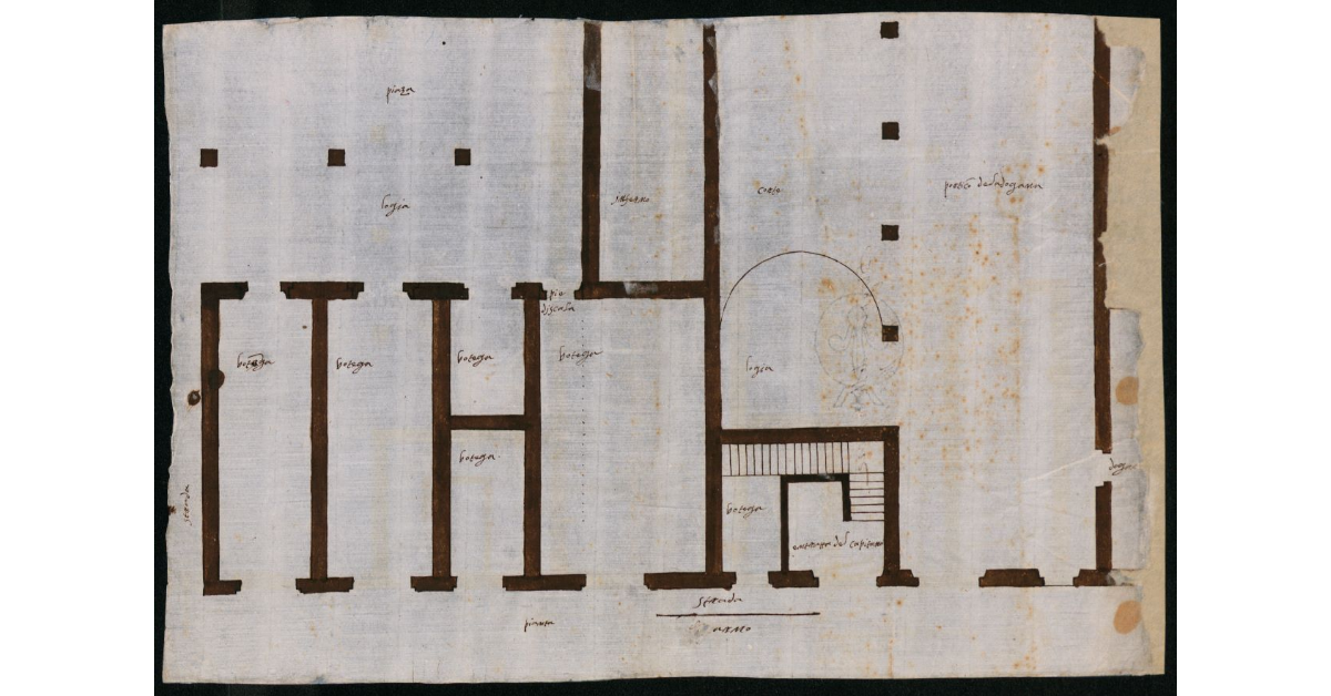 [Pianta del piano terreno di un edificio adibito a botteghe di proprietà dei Cavalieri di Santo Stefano a Pisa, contiguo alla dogana]